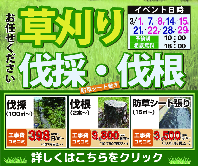 草刈り～伐採・伐根・除草シート敷きも～お任せください！