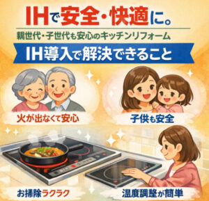山梨×キッチンリフォーム｜IHで安全・快適に。親世代・子世代も安心のキッチンリフォーム