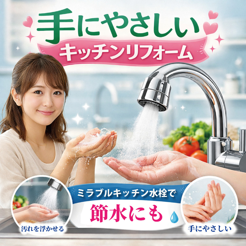 山梨×キッチンリフォーム｜手にやさしいキッチンリフォーム。ミラブルキッチン水栓で保湿も安心