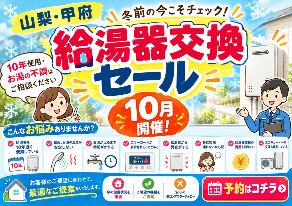 【山梨・甲府】給湯器交換セール｜冬前の今こそチェック！10年使用・お湯の不調はご相談ください